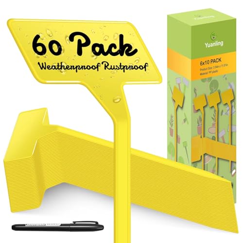 Plant Labels 60 Pcs Yuanling Large 11.8 Inch Plant Markers Signs Plastic Waterproof Garden Label Stakes T-Type Plant Garden Tags with Marker Pen for Flower Herb Pot Plant (Yellow)