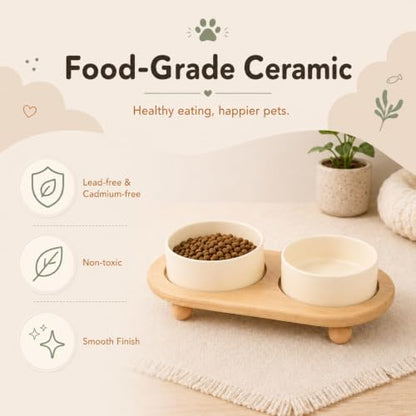 Havniva Raised Cat Bowl 5.1” Elevated Ceramic Cat Food and Water Bowl Set | Cat Bowls Elevated, Whisker Friendly Cat Bowl, Non-Slip Wood Stand, Food-Grade Ceramic, Wide Opening, Dishwasher Safe - color: Light Yellow, size: 2 Bowls+Tray - 5.1"