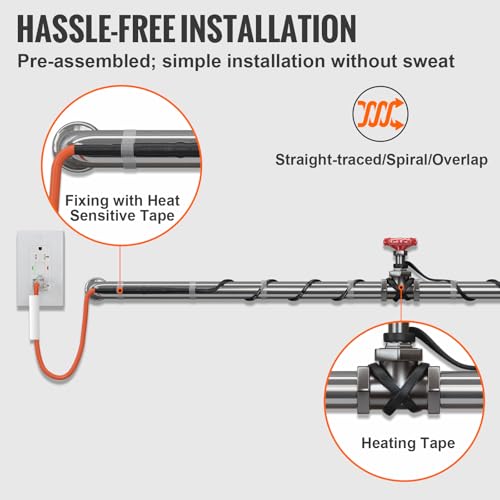 VEVOR Self-Regulating Pipe Heating Cable, 12FT 5W/FT Heat Tape for Pipes Freeze Protection, Water Pipe Heat Cable with Built-in Thermostat Protects PVC Hose, Metal and Plastic Pipe from Freezing - size: 12 Feet