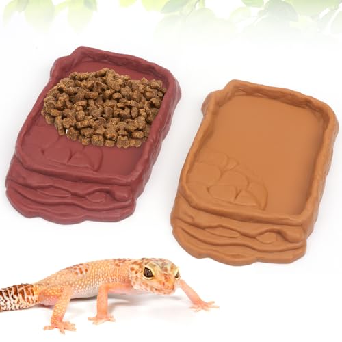 2 Pack Reptile Water Bowls, Rock Reptile Food Dish, Plastic Terrarium Feeding Bowl for Bearded Dragon Leopard Gecko Lizard Turtle Frog Snake Small Pets (Brown and Yellow)