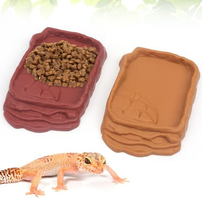 2 Pack Reptile Water Bowls, Rock Reptile Food Dish, Plastic Terrarium Feeding Bowl for Bearded Dragon Leopard Gecko Lizard Turtle Frog Snake Small Pets (Brown and Yellow)