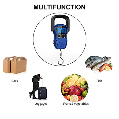 HEETA Fish Scale Digital Fishing Luggage Weight Scale with Measuring Tape | Up 110lb/50kg Portable Hanging Scale with Backlit LCD Display for Home Farm Outdoor Hunting Fishing, 2 AAA Batteries Included - color: Blue