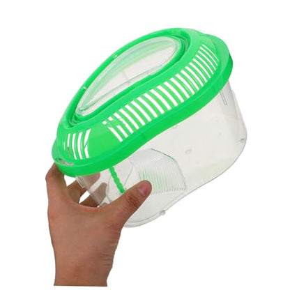 Portable Reptile Feeding Tank with Enclosed Lid Small Green Pet Transport Container for Snake Breeding Turtle and Crab Catching Convenient Handle Sunbathing Platform
