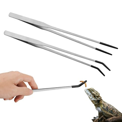 Novery 2PCS 10.6" Rubber Tip Reptile Feeding Tongs, Straight & Curved | Soft Non-Scratch Tips, For Bearded Dragon Snakes, Aquarium Terrarium Enclosure & Craft Tools, Tank Accessories