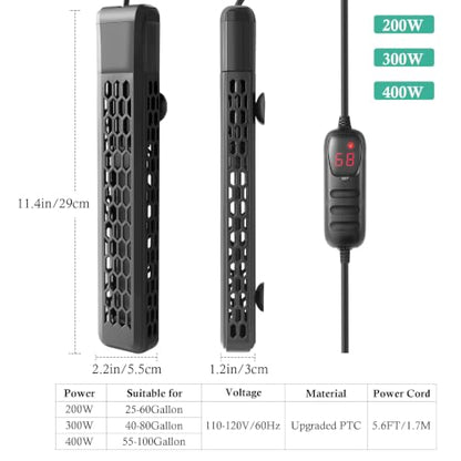 HITOP Aquarium PTC Heater with Controller: 200W 300W 400W Digital Heater for Fish Tank and Turtle Tank 40-100Gallon, with Protective Cover