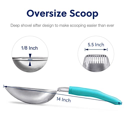 Cat Litter Scoop, Aluminum Alloy Sifter, Kitty Metal Scooper, Deep Shovel, Long Handle, Poop Sifting, Kitten Pooper Lifter, Durable, Heavy Duty, for Litter Box - color: FLAT Aluminum \ #02 Turkish Blue Handle, size: Large