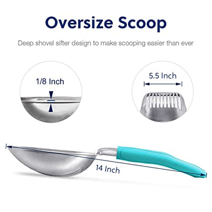 Cat Litter Scoop, Aluminum Alloy Sifter, Kitty Metal Scooper, Deep Shovel, Long Handle, Poop Sifting, Kitten Pooper Lifter, Durable, Heavy Duty, for Litter Box - color: FLAT Aluminum \ #02 Turkish Blue Handle, size: Large