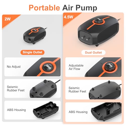 hygger Powerful Aquarium Air Pump, 3.5W/4.5W Ultra Quiet Fish Tank Air Pump Dual Outlet, Adjustable Oxygen Aerator Pump with Air Stone, Aquarium Bubbler for Fish Tank Up to 100-200 Gallon - size: L-(Up to 200 Gallon)