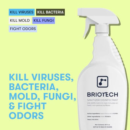BRIOTECH Sanitizer Disinfectant Hypochlorous Spray, Kill 99.99% of Viruses & Bacteria, Control Mold, Eliminate Odor, Gentle for Nursery & Play Rooms, Food Contact Surface Sanitizer, 32 fl oz Refill | Kill 99.99% of viruses, bacteria, control mold, elimina