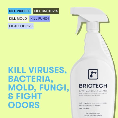 BRIOTECH Sanitizer Disinfectant Hypochlorous Spray, Kill 99.99% of Viruses & Bacteria, Control Mold, Eliminate Odor, Gentle for Nursery & Play Rooms, Food Contact Surface Sanitizer, 32 fl oz Refill | Kill 99.99% of viruses, bacteria, control mold, elimina