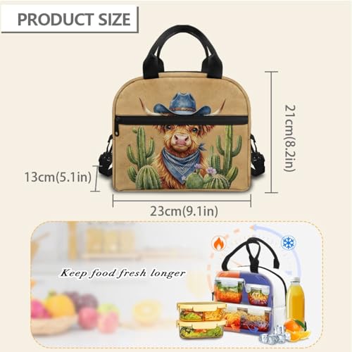 Southwestern Design Kids Lunch Bag Aztec Western Highland Cow Print: Insulated Main Compartment Keeps Fresh Ideal for Desert Trip, Cowboy Event & Nature Exploration - color: Aztec Western Highland Cow Print