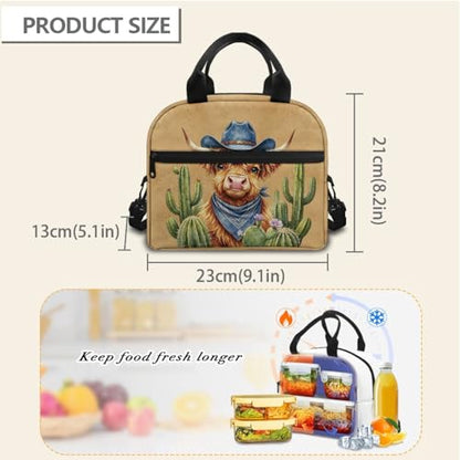 Southwestern Design Kids Lunch Bag Aztec Western Highland Cow Print: Insulated Main Compartment Keeps Fresh Ideal for Desert Trip, Cowboy Event & Nature Exploration - color: Aztec Western Highland Cow Print