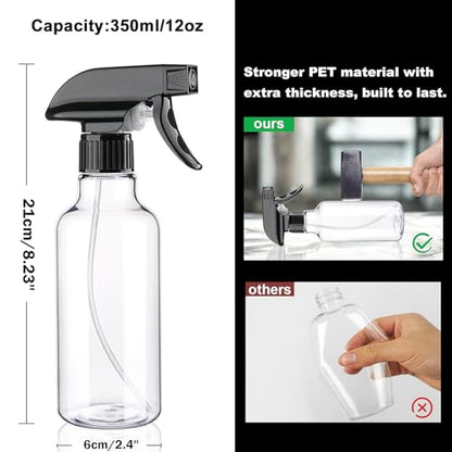 12oz/350ml Plastic Spray Bottles 1 Pack, Adjustable Mist/Stream | Refillable heavy duty spray containers for plants, cooking, hair care and household cleaning - color: 12oz-BlackClear