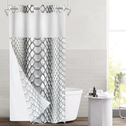 Gray Snake Scale No Hooks Shower Curtain with Snap in Liner Set, Glossy Hexagonal Pattern Tub Curtainn Mesh Top Window & Magnetic Hem Waterproof 35.5X74 Inch - color: Gray Snake Scale 1 Gray03, size: 35.4"W x 74"L (Pack of 1)