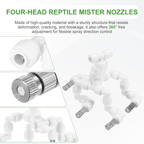 M METERXITY Reptile Mister Nozzles, 0.5mm Pore Copper 1/4" Four-Head Reptile Misting Spray Nozzle with filter Plug for Terrarium/Vivarium, 360 Degree Adjustable Nozzle [White]