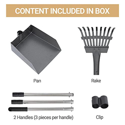Dog Pooper Scooper, Dog Poop Tray and Rake Set with Long Stainless Handles | Pet Waste Removal Scoop with Adjustable Sectional Handles - color: Silver/Black