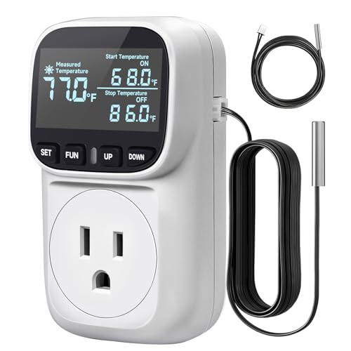 Temperature Controller 15A/1800W, Digital Timer Thermostat Outlet Plug for Fan, Cooling Devices, CyclicTiming/Countdown, VA Display,-40°F~210°F