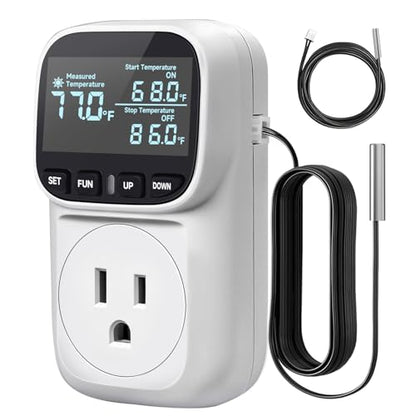 Temperature Controller 15A/1800W, Digital Timer Thermostat Outlet Plug for Fan, Cooling Devices, CyclicTiming/Countdown, VA Display,-40°F~210°F