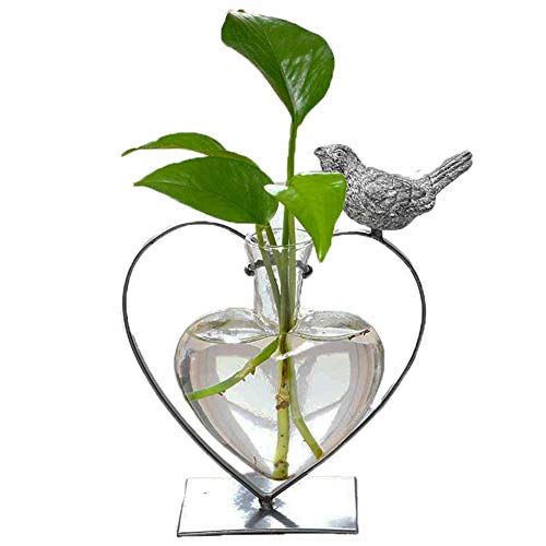 Marbrasse Desktop Glass Vase, Bulb Glass Vases for Holder, Creative Bird with Heart Planter Vase, Plant Terrarium Metal Stand for Modern Office Home Wedding Decorations - color: Heart Bird Planter Glass Vase