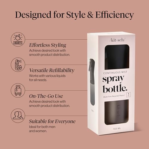 Kitsch Continuous Spray Bottle for Hair – Black, 150ml | Fine Mister Spray Bottle & Water Spray Bottle – Recycled Hair Spray Bottle – Spray Bottles for Cleaning, Styling, & More - color: Black