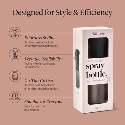 Kitsch Continuous Spray Bottle for Hair – Black, 150ml | Fine Mister Spray Bottle & Water Spray Bottle – Recycled Hair Spray Bottle – Spray Bottles for Cleaning, Styling, & More - color: Black