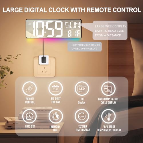 17.2-Inch Large Mirror Digital Wall Clock with Remote Control, RGB Mood Light, Extra-Large LED Display, Auto Dimming,Date, Day, Temp, Countdown Timer for Home, Gym, Office and Classroom (White) - color: White