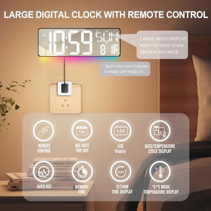 17.2-Inch Large Mirror Digital Wall Clock with Remote Control, RGB Mood Light, Extra-Large LED Display, Auto Dimming,Date, Day, Temp, Countdown Timer for Home, Gym, Office and Classroom (White) - color: White