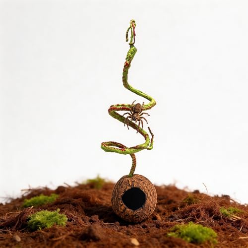 Resin Reptile Hide with Bendable Vine - Coconut Cave for Jumping Spiders, Tarantulas & Small Geckos - Terrarium Decor for Molting & Enrichment (3.4"x3.4"x7.9")