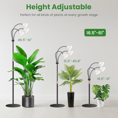 Floor Grow Lights for Indoor Plants, Full Spectrum, for Tall Plant | 3-Head Gooseneck Grow Lamp, 2.3in Spotlight-Style Heads, 78 Red/Blue/White LEDs, Timer & Dimming, 16.5-61in Height, Black - size: 3-Head