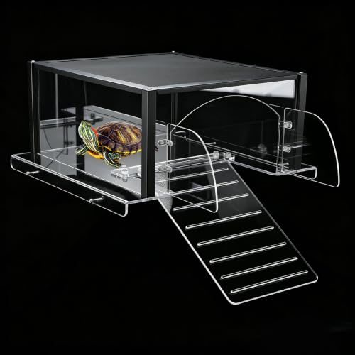 Turtle Basking Platform Extra Large for 17-19in Wide 40 Breeder 75 Gal Tank | Acrylic Basking Platform for Aquatic Turtles, One-piece Base& 4 Pillars Supports, Non-Slip Stepped Ramp, Anti-escape Barriers - size: Extra Large