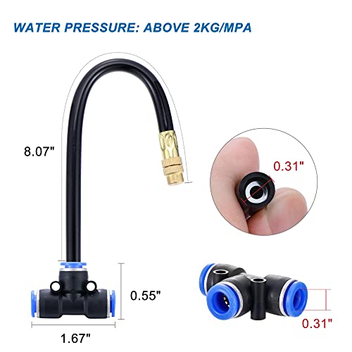 5Packs Brass Misting Nozzles Tee with 8inch Built in Hose 360° Rotation | Adjustable Water Mister Nozzles Thread Sprayer for Outdoor Cooling System 0.043" (1.1 mm) - size: 1 Way - 8inch Hose