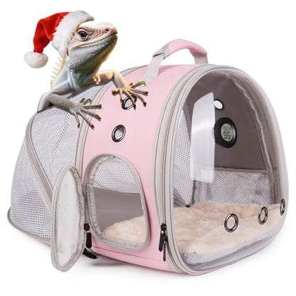Back Extention Bearded Dragon Travel Backpack Carrier with Reptile Thermometer and Humidity Gauge Lizard Travel Cage Space Capsule Clear Bubble Window Astronaut Reptile Carrier Bag for Ball Python - color: Pink