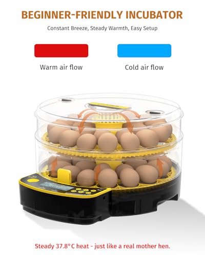 JUJOJB 48 Egg Incubator for Hatching Eggs, Double-Layer Auto Turner & Temp | Temperature control, humidity, auto turner, candler. Fits 48 chicken, duck, quail, turkey, pheasant, guinea, parrot eggs. - color: Yellow