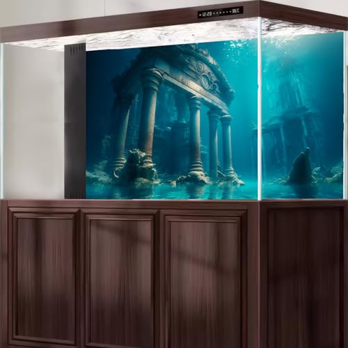 Under The Sea Aquarium Background Undersea Ancient Greek Temple Fish Tank Background Ocean Deep Blue Sea Sunray Terrarium Backgrounds Deep Blue Ocean Temple Reptile Tank Enclosure Backgrounds 24x12in - color: Foggy Blue, size: 24(W)x12(H)in