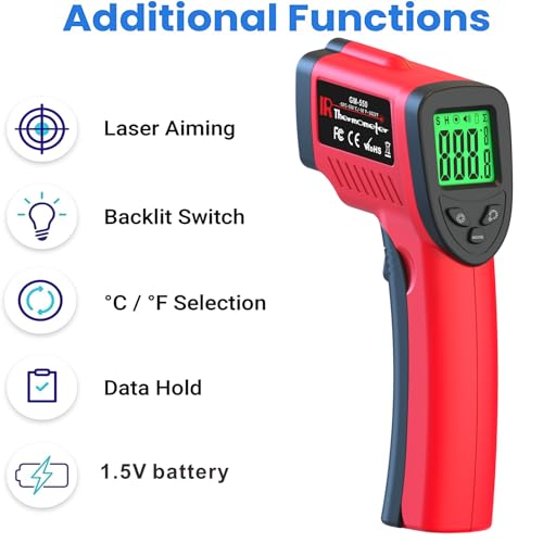 DEASOMIYE Infrared Thermometer Gun, -58℉～1022℉ Laser Thermometer Temperature Gun, Non Contact IR Temp Gun with Adjustable Emissivity for Cooking,BBQ,Fridge,Grill,Pizza Oven,HVAC,Engine(Not for Human) - color: Red