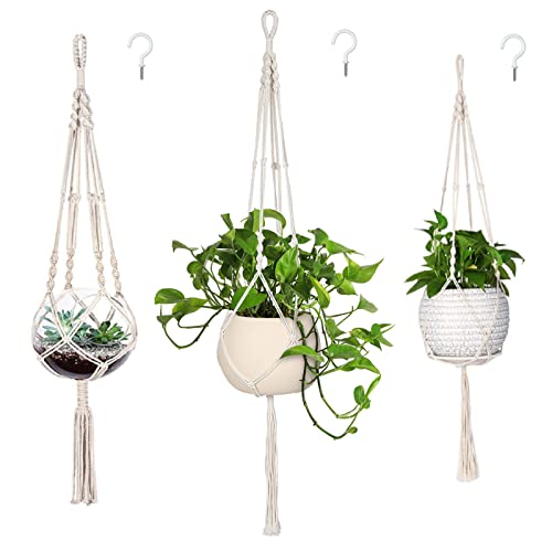 MIPON 3 Pack Macrame Plant Hangers, Hanging Planters for Indoor Plants | 3 Sizes (34"/41"/46") Handmade Cotton with Hooks, Boho Home Decor for Patio Balcony Living Room, Fits 5-10 Inch Pots