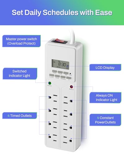 BN-LINK 8 Outlet Surge Protector with 7-Day Digital Timer (4 Outlets Timed, 4 Outlets Always On) - White | Power Strip Timer with 4 Timed & 4 Always-On Outlets, Indoor Light Timer for Aquarium, Grow Lights, Christmas Decor, 4FT Cord