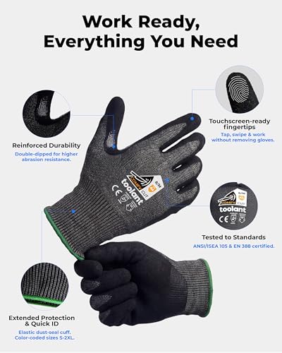 toolant ComfyCut A4 Cut Resistant Work Gloves, 1 Pair, Dark Gray, Large | ANSI & EN388 Certified Protection, Ultra Comfort, Fiberglass-Free, Touchscreen, Grip, for Mechanics, Woodcarving, Assembly - size: Large