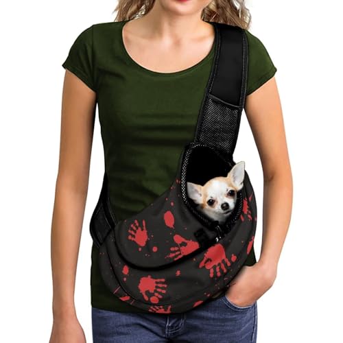 COEQINE Halloween Costume for Small Dog Carrier Sling Bag with Adjustable Straps Locking Safety Zipper Hands Free Dog and Cat for Travel Walking - color: Black Hallo ween Red Hand