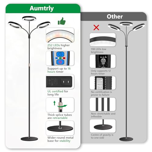 Aumtrly 3 Head Black Floor Grow Light for Large Tall Indoor Plants Growing | 252 LED Full Spectrum Lamp with Stand, 6/12/16H Timer, 5 Dimming Level, 68" Adjustable Height, Flexible Gooseneck, Metal Base - size: 3 head 68inch/black