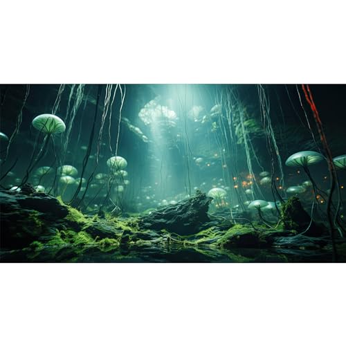 Aquarium Background Foggy Stone Mushroom Green Moss Fish Tank Background Mysterious Green Seaweed Scenery Aquarium Backgrounds White Mushroom Reptile Tank Enclosure Backgrounds Wallpaper 24x12in - color: Moss Green, size: 24(W)x12(H)inches/ 60(W)*30cm(H)
