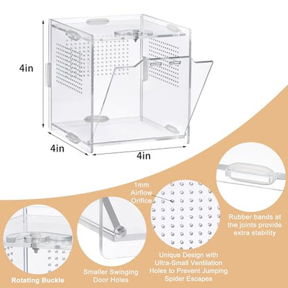 VERTUPET Jumping Spider Enclosure,2 Pack Insects Habitat,Small Arboreal Reptile Terrarium Acrylic Accessories Kit,Tarantula Enclosure Bug Cage for Frog,Crickets, Praying Mantis,Snails（4x4x4inch）