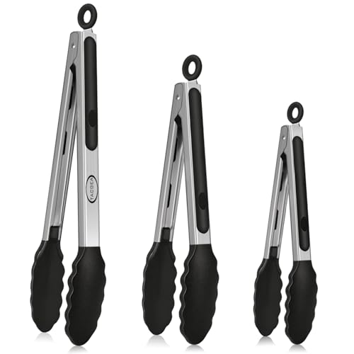 Stainless Steel Kitchen Tongs with Silicone Tips, Locking Grilling Food Tongs, 7" 9" and 12", Set of 3 Black - color: 3pack Black