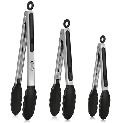 Stainless Steel Kitchen Tongs with Silicone Tips, Locking Grilling Food Tongs, 7" 9" and 12", Set of 3 Black - color: 3pack Black