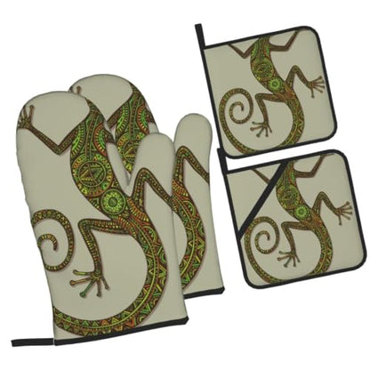 Reptiles Ornamental Colorful Lizard with Ethnic Patterns Exotic 4 Pack Oven Mitts and Pot Holders Set, Thick Polyester Heat Resistant Kitchen Gloves for Baking BBQ Grilling