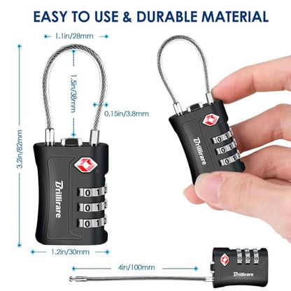 2 Pack TSA Approved Luggage Locks, Combination Travel Cable Padlock, 3-Digit Waterproof Lock, TSA Accepted Outdoor Keyless Resettable Lock for Lockers, Bags, Gym, Gate-Black