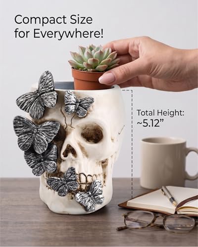 Resin Air Plant Holders,Tilandsia Container,Gothic Skeleton Planter,Halloween Plant Pot,Tillandsia Pot, Skull Table Top Display Planters for Air Plants and Other (White, 5.1 * 4.3'') - size: 5.1*4.3''