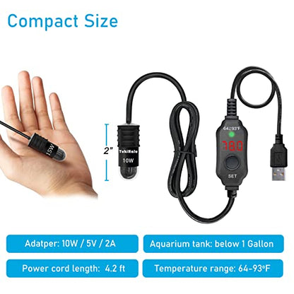 YukiHalu USB Powered Aquarium Heater, 10W Adjustable Mini Fish Tank Heater with External Temperature Controller, LED Display, Used for 0.5-1 Gallon Tank (10W USB) - size: 10 Watts (USB)