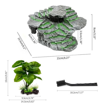MoonOrange Turtle Basking Platform, Reptile Habitat Hideout, Decorative Resin for Aquarium & Terrarium, Including Artificial Plant and Cleaning Brush.(C-Medium-Black)