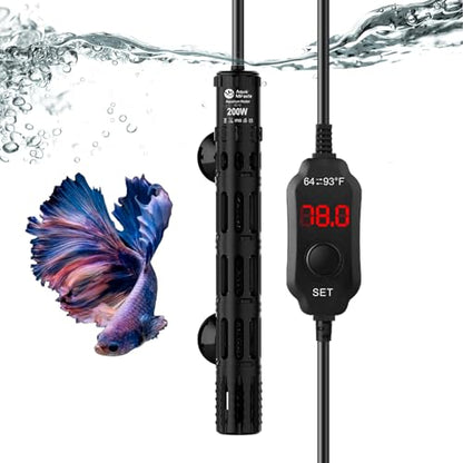 AquaMiracle Submersible Aquarium Heaters, 200W Fish Tank Heater with LED Digital Temp Display, Dry-Run Auto Power-Off & Overheat Protection, for Freshwater and Saltwater Tanks (20-40 Gal) - size: For 20-40 Gal Aquariums
